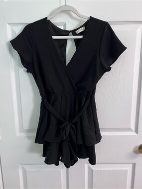 Altar'd State Black Wrap-Front Short Sleeve Shorts Romper with Waist Tie